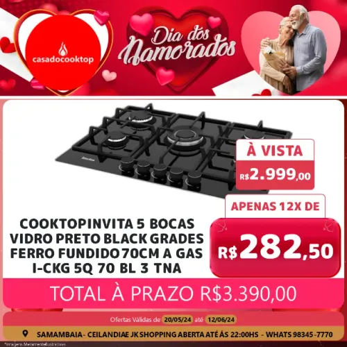 Cooktop invita 5 bocas vidro preto black grades ferro fundido 70cm a gas 