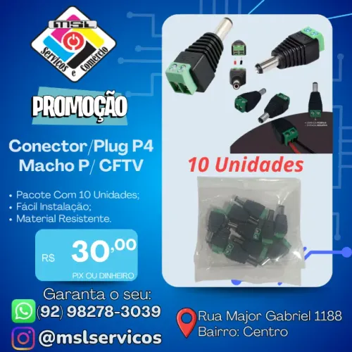 Conector / Plug P4 Macho p/ CFTV Pacote Com 10 Unidades