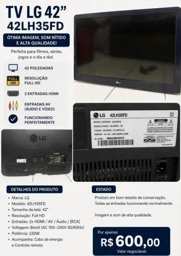 TV LG 42 Polegadas Full HD 42LH35FD - Funcionando Perfeitamente