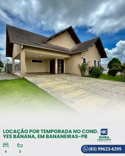 CONDOMÍNIO YES BANANA em BANANEIRAS/PB. LOCAÇÃO POR TEMPORADA. 4 QUARTOS