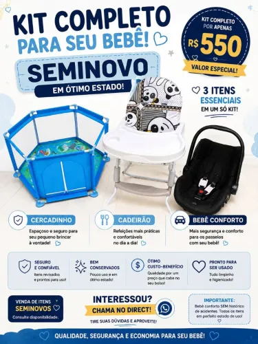 Kit Bebê Seminovo - Cercadinho + Cadeirão + Bebê Conforto | R$ 550