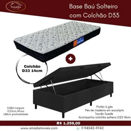 Base baú solteiro com colchão D33, a pronta entrega