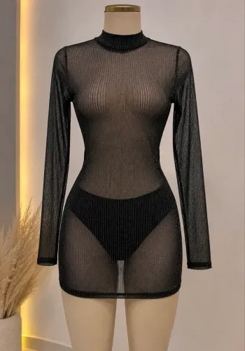 Vestido Tule Transparente Preto com Brilho Manga Longa + Hot Pant