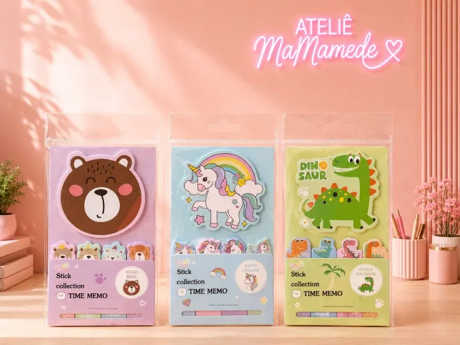 Bloco de Notas Adesivas Cupcake Dinossauro Unicórnio Ursinho| Sticky Notes Fofo | Novo
