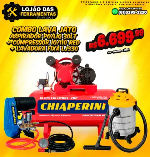 Combo Lava Jato Aspirador Pó/Liq 30Lt APV1230 + Compressor 10/110 Red + Lavadora Fixa Lj33