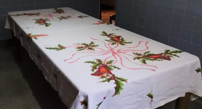 P/ Natal - Toalha Banquete Bege em Linho Pintada à Mão c/ 8 Guardanapos (300x145cm)- Usada
