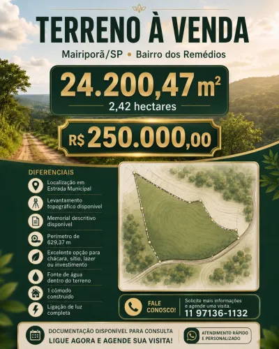 OPORTUNIDADE IMPERDÍVEL EM MAIRIPORÃ: 24 MIL m² COM FONTE DE ÁGUA POR R$ 250 MIL!