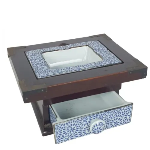 Antigo Cinzeiro Cigarreira Madeira Porcelana Portuguesa Esmaltação Floral *