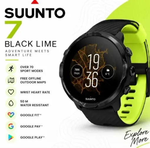 Relógio smartwatch esportivo com GPS Suunto 7 Black Lime SS050379000