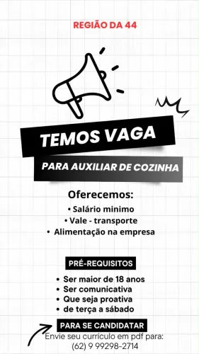 Contrata auxiliar de cozinha para região da 44
