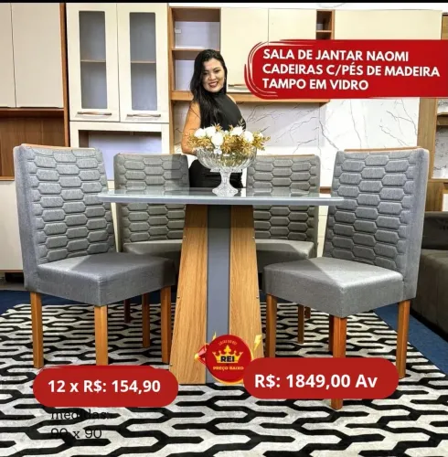 PROMOÇÃO URGENTE - Mesa de Jantar Naomi com Tampão em Vidro 4 CADEIRAS Cinza