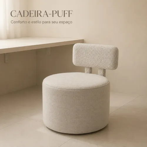 Cadeira Puff com Encosto em Linho e Bouclé Sob Encomenda