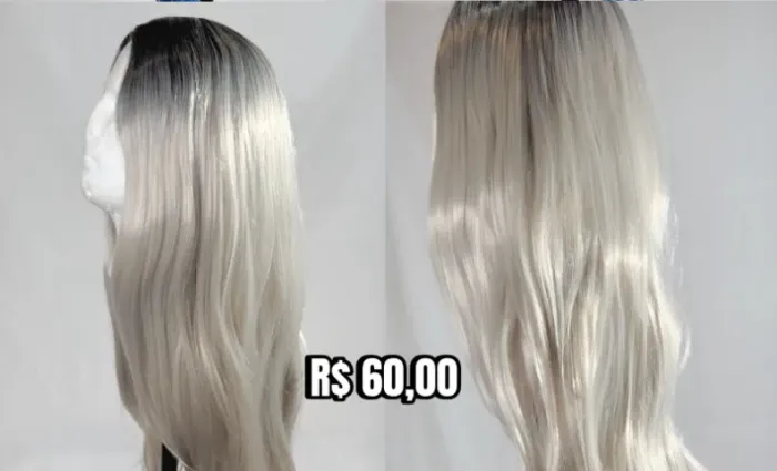 Peruca longa lisa branca com raiz preta