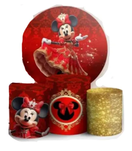 Painel para Festa Infantil + Capas de Cilindro Minnie Realeza Vermelha 