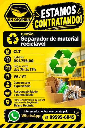 Vaga de emprego p/ SEPARADOR DE MATERIAL RECICLAVEL DE CONTRUÇÃO CIVIL