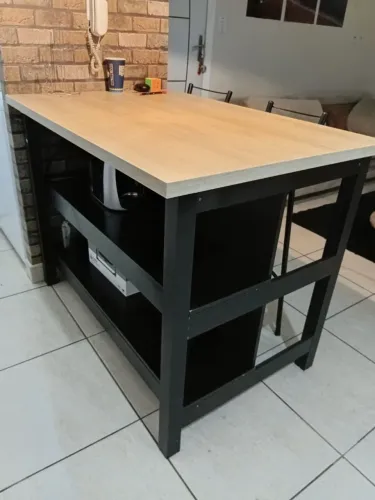 Balcão Ilha De Cozinha Ditália CD-1019 Preto Com Tampo Amadeirado - Semi Novo