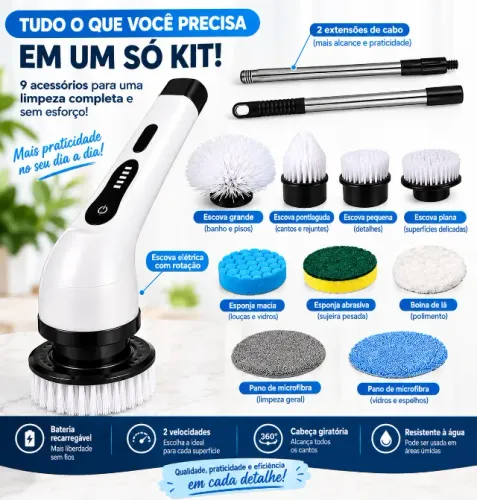 Escova Elétrica 9 em 1 - Limpeza Fácil e Sem Esforço