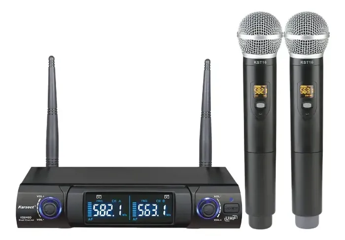 Microfone Sem Fio Karsect Ks248dm Duplo Mão Uhf 96 Freq Cor Preto
