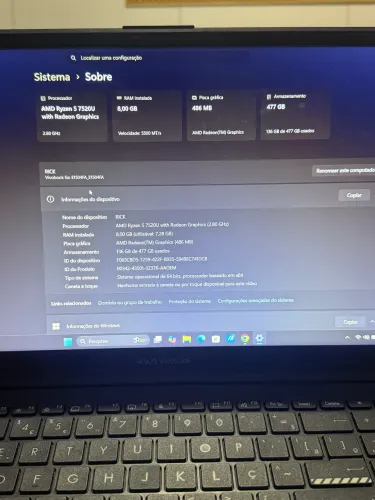 Notebook Asus Vivobook Go 15 Rayzen 5 8 GB RAM