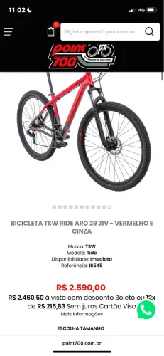 Bicicleta aro 29 quadro 17 M Tsw zero bala