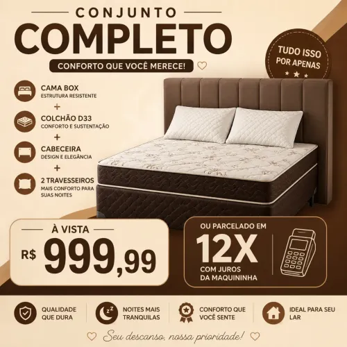 Cama box + colchão D33 + cabeceira + travesseiro