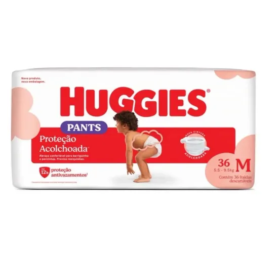 Fralda Huggies Pants M 36 Unidades Proteção Acolchoada 5,5 a 9,5kg Lacrada