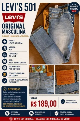 Calça Levi's 501 Original Masculina - Tam. 34x34 - Excelente Estado