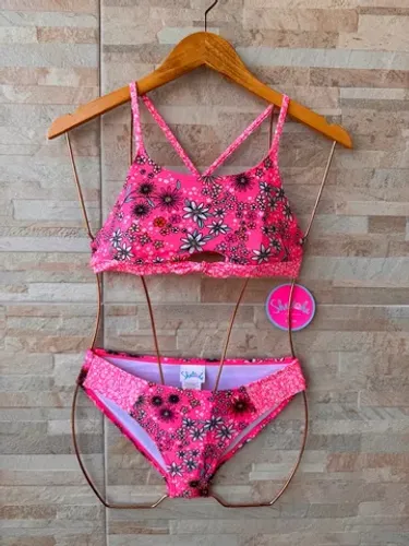 biquíni infantil rosa estampado, tamanho 10 anos. 