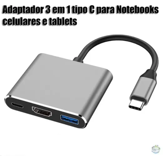 Adaptador tipo c 3 em 1 para tipo c, usb e hdmi