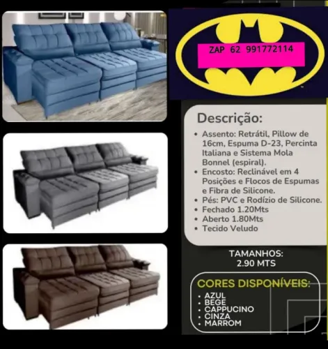 Sofá Retrátil 3 lugares - Veludo - 2.90 Mts