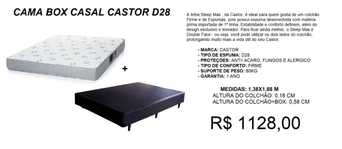 Cama box Castor D28- Colchão + box - Entrega inclusa 