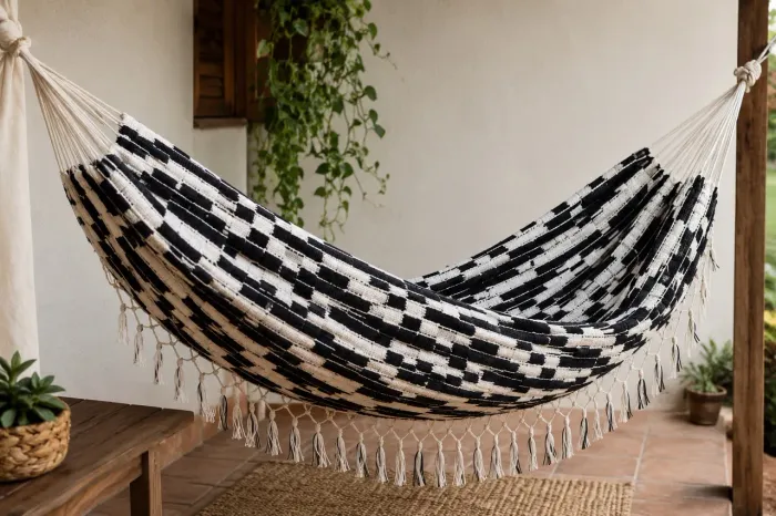 Rede de Descanso Artesanal P&B com Varanda de Franjas (Estilo Boho)