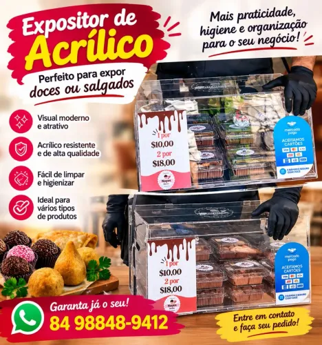 Expositor de acrílico para doces e salgados