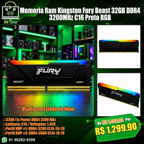 Memoria Ram Kingston Fury Beast 32GB DDR4 3200MHz C16 Preto RGB