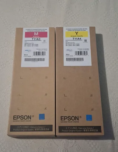 Caixas de bolsas de tinta originais Epson das cores magenta e amarelo