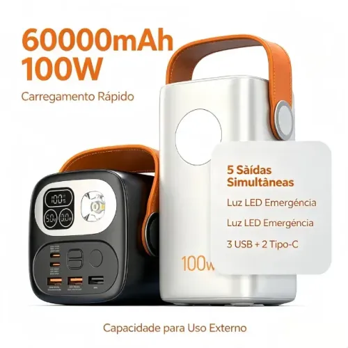 Carregador Portátil 60000mAh, Rápido PD 100W, Compatível com Notebook, Celular Starlink