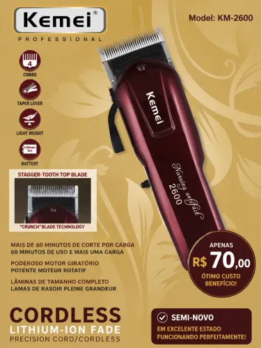 Máquina de Cortar Cabelo Kemei KM-2600 Profissional - Usada em Ótimo Estado