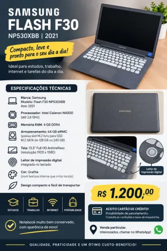 Notebook Samsung Flash F30 2021 - 4GB RAM - Full HD - R$ 1.200