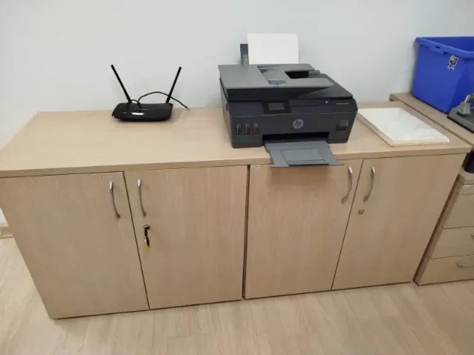 Armário Balcão de Escritório Baixo MDF Amadeirado Claro - 4 Portas