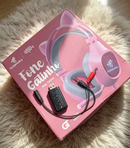 Fone de ouvido com orelhinha de Gatinho + adaptador de áudio + brinde
