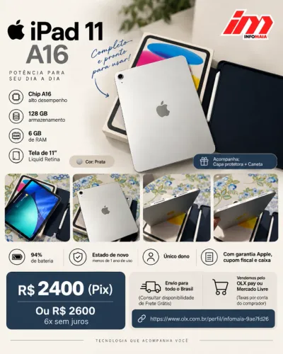 Apple Ipad 11 A16 128gb e 6gb de RAM, Cor Prata + Capa protetora + Caneta 