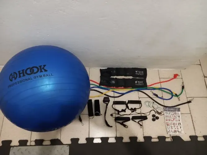 Kit Bola Gym Ball Hook - Elásticos Extensores Exercícios Musculação - Tornozeleira