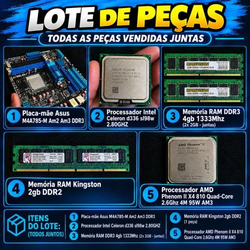 Lote de Peças de PC - Placa Asus + Phenom II X4 + 4GB DDR3 + Celeron + DDR2