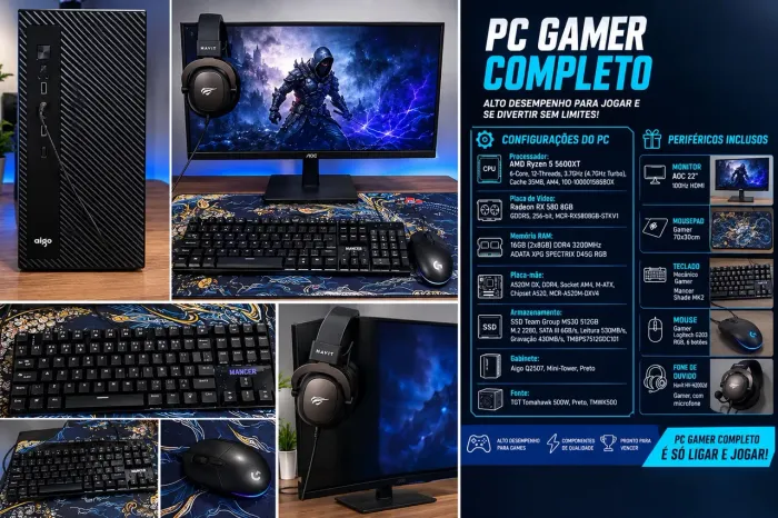 PC Gamer Completo Ryzen 5 + RX 580 8GB + 16GB RAM + Monitor 100Hz