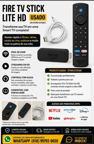 VENDO FIRE TV STICK LITE HD - USADO EM ÓTIMO ESTADO