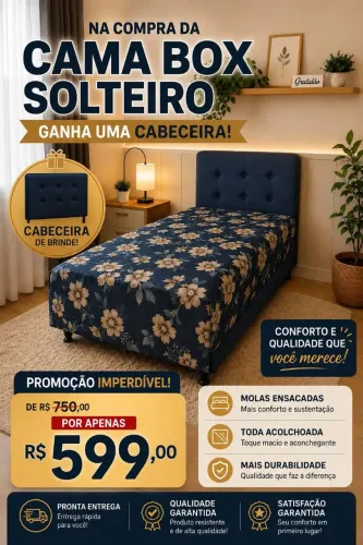 Promoção por apenas 599 Na compra Cama box solteiro ganha cabeceira de brinde