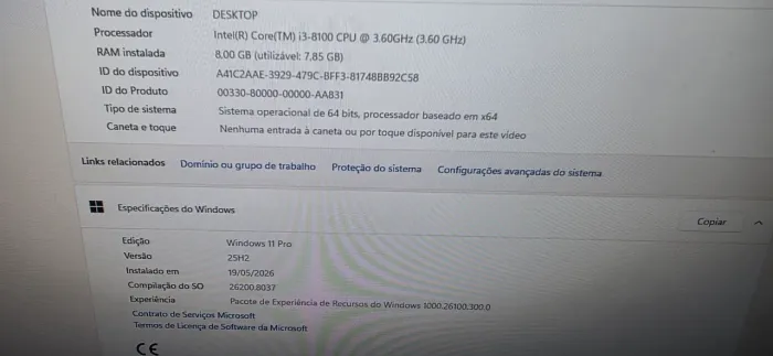 Computador Core I3 geração 8 com 8GB RAM e SSD 256GB