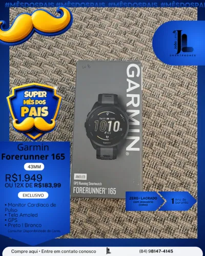 RELÓGIO GARMIN FORERUNNER 165, 43MM, LACRADO, EXCLUSIVO!