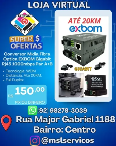 CONVERSOR DE MÍDIA FIBRA ÓPTICA EXBOM - KIT PAR A+B GIGABIT 1000Mbps