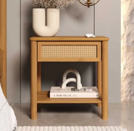 Mesa De Cabeceira Rattan 1 Gaveta Madeira Freijó Cefira Fosco Freijó